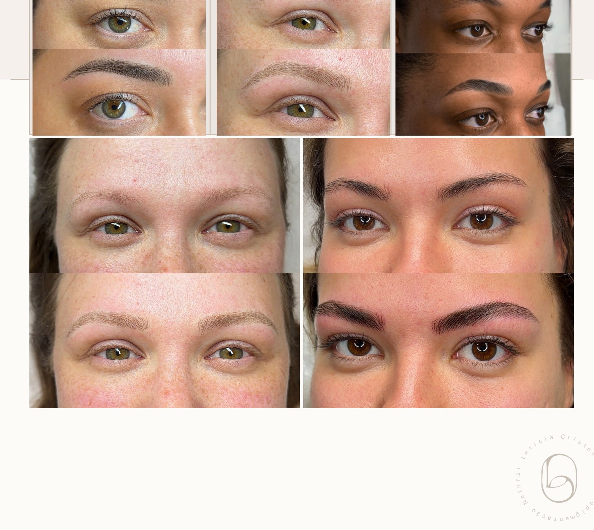 Colagem de fotos antes e depois de procedimentos de sobrancelhas realizados por Letícia Cristovam